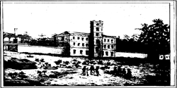 Drawing of three-story building with large chimney.