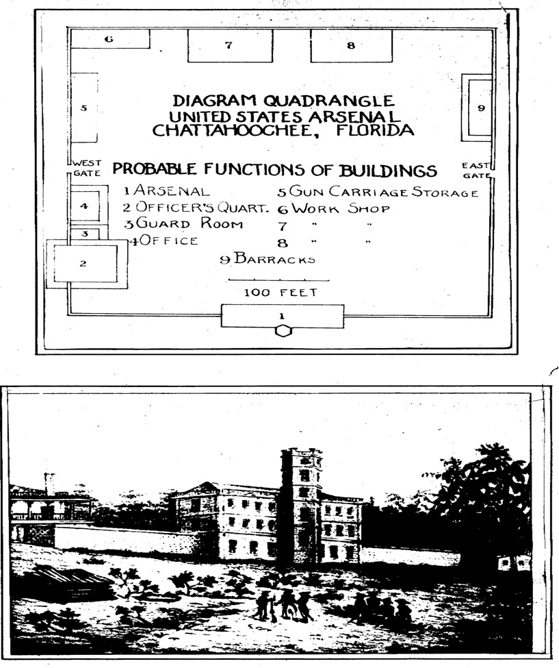 Large view of two illustrations--diagram and officer's quarters.