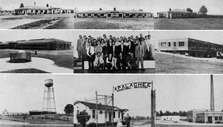 Collection of six photos showing buildings and one of staff.