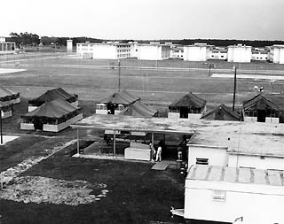 Prison as seen from the air showing tents.