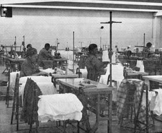 Female prisoners in large room with sewing machines