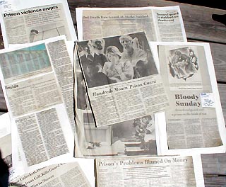 Newspaper headlines read: Prison Violence Errupts, Bloody Sunday, Hundreds Mourn Prison Guard, Prison Problems Blamed on Money, 2nd Death Row Guard at Starke Stabbed