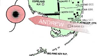 Map of Florida showing path of Hurricane Andrew and locations of prisons.