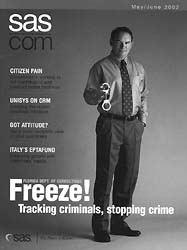 Cover of SAS magazine says Freeze! Tracking Criminals, Stopping Crime